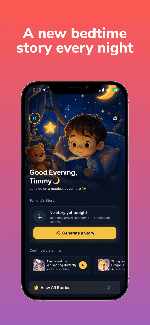 Dreamily home screen — a new personalised bedtime story generated every night for your child