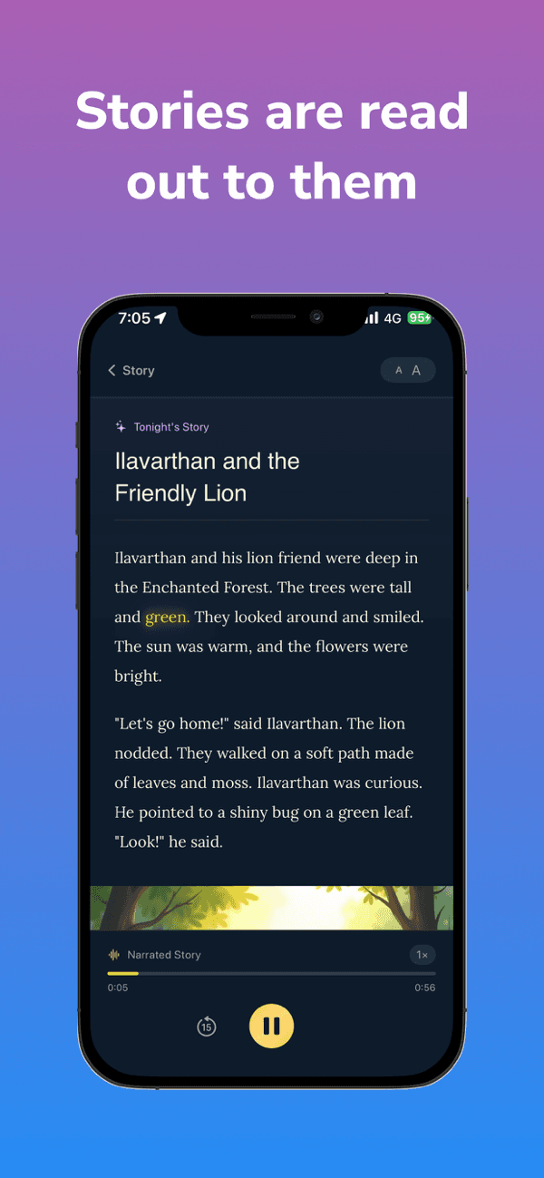 Read-aloud bedtime story narration with word-by-word highlighting for kids